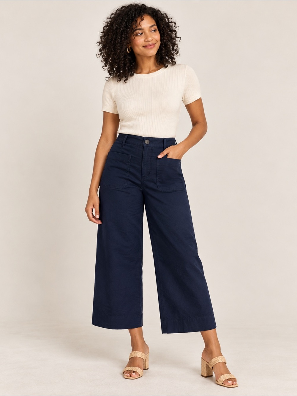 Anthropologie Navy Wide-Leg Crop Trousers